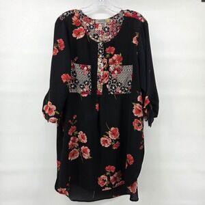 Figueroa & Flower Tunic Top XL Black Red Floral Mixed Print